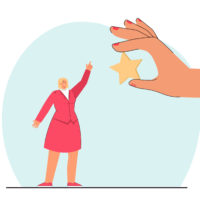 Tiny cartoon businesswoman pointing at huge hand holding star. Positive customer review of service, app or product flat vector illustration. Feedback, satisfaction rating concept for banner