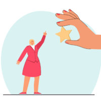 Tiny cartoon businesswoman pointing at huge hand holding star Tiny cartoon businesswoman pointing at huge hand holding star. Positive customer review of service, app or product flat vector illustration. Feedback, satisfaction rating concept for banner