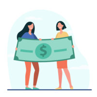 Women winning money prize Women winning money prize. Happy girls holding huge dollar banknote flat vector illustration. Lottery, success, luck, concept for banner, website design or landing web page