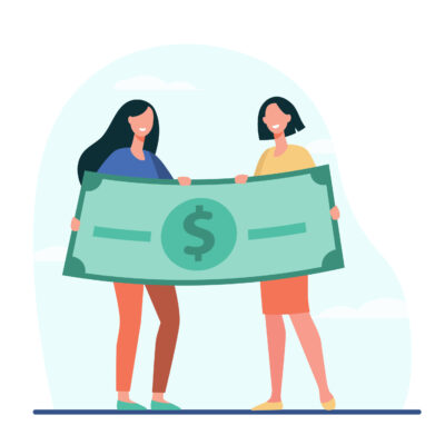 Women winning money prize. Happy girls holding huge dollar banknote flat vector illustration. Lottery, success, luck, concept for banner, website design or landing web page